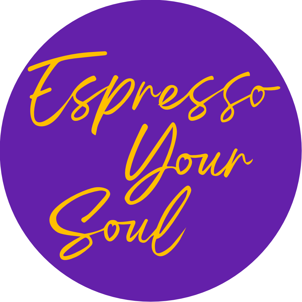 Espresso Your Logo in gele letters die in een paarse cirkel zweeft